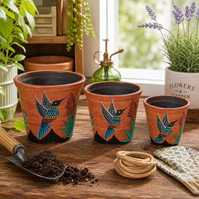 Southwest Planter Set With Hand Painted Hummingbird Art "large Set"