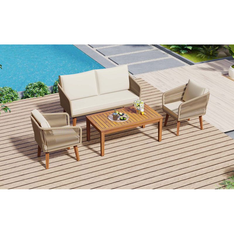 Ensemble de meubles d'extérieur 4 pièces avec coussins 4 pièces, Naturel