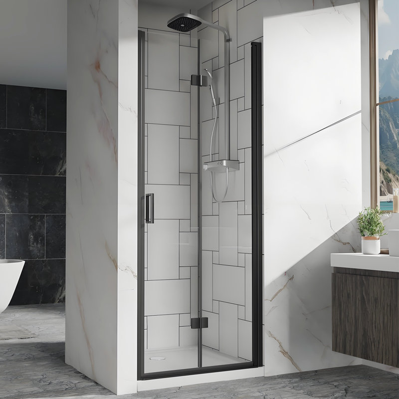 32 à 33,2 po X P 72 po H Porte de douche pivotante bi-pliante sans cadre avec verre transparent, Noir