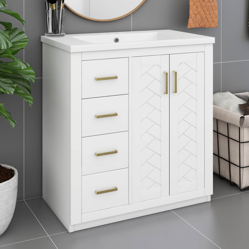 Meuble-lavabo de 30 po avec lavabo en céramique, 3 tiroirs et 2 portes, Blanc