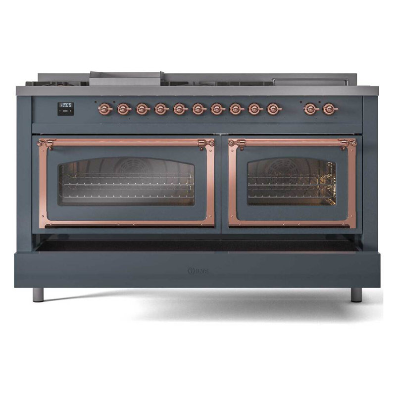 ILVE Nostalgie II Noblesse 60 in Dual Fuel Range 7 Burner, Griddle, Frenchtop, Blue Gray/Copper, Natural Gas