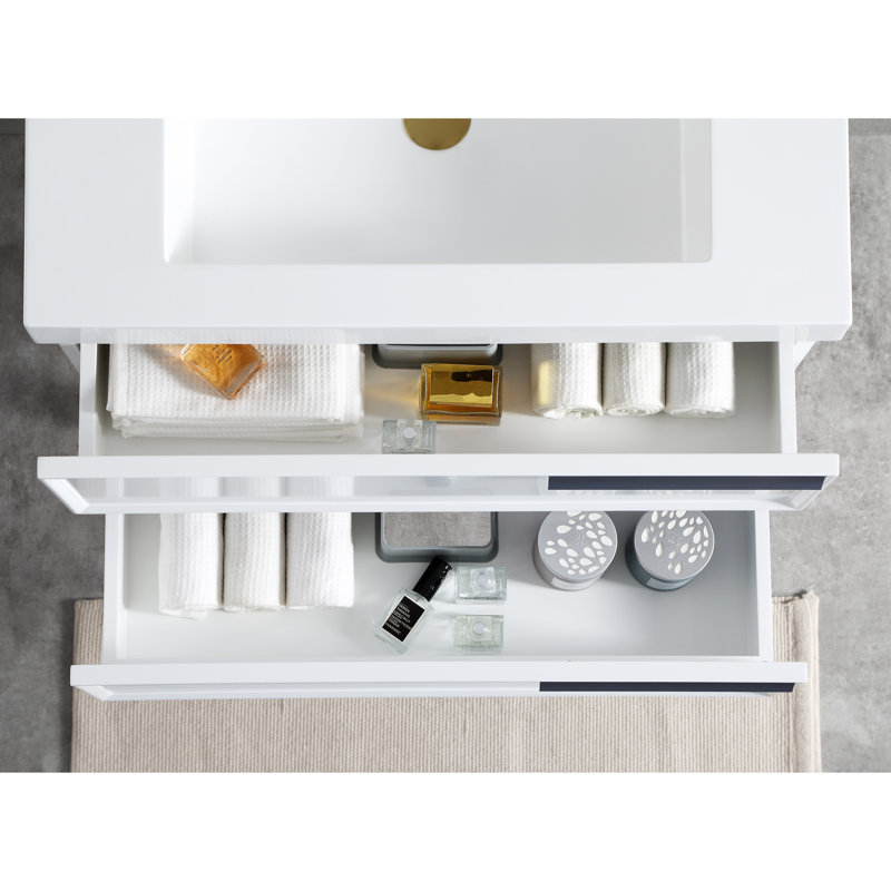Ensemble de meuble-lavabo simple 30 po avec miroir Tyonna, DEL à côtés en cadre carré, Blanc mat