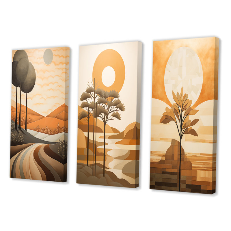 «Full Moon River Glow Retro Landscape», 3 pièces, Toile tendue, H 60 po x l 40 po