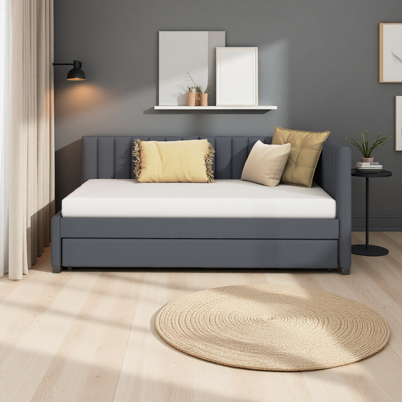 Upholstered Daybed With Trundle Twin Size Sofa Bed Frame No Box Spring Needed, Linen Fabric, Gray