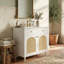 Armoire de meuble-lavabo autoportante 30 po avec plateau basculant, unité de rangement en bois massif et en rotin avec plateau en céramique (noyer / blanc)-1156807667