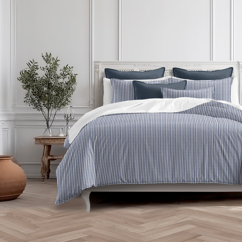 Walker Ticking Stripe Indigo/White Cotton Coverlet Set, California King Coverlet/Bedspread + 2 King Shams