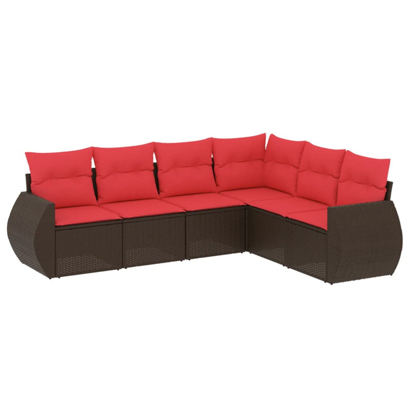 7 Piece Patio Sofa Set With Cushions Black Poly Rattan, Red Cushion/Brown Frame