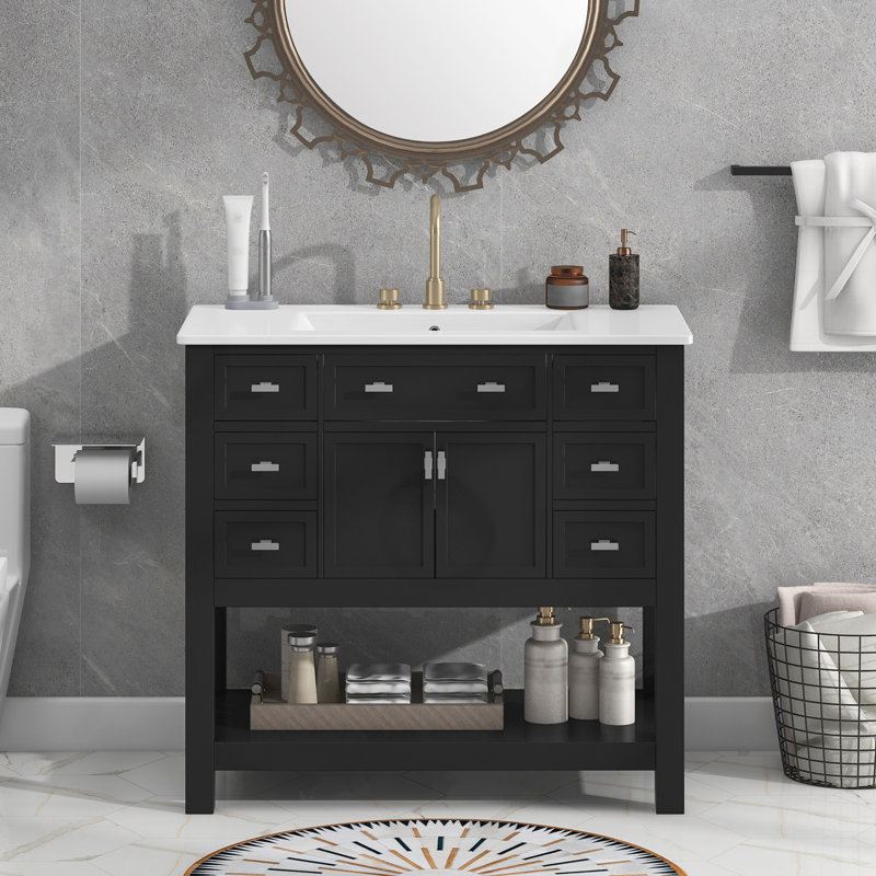 Armoire Hetzel avec 2 portes à fermeture douce et 6 tiroirs, Noir