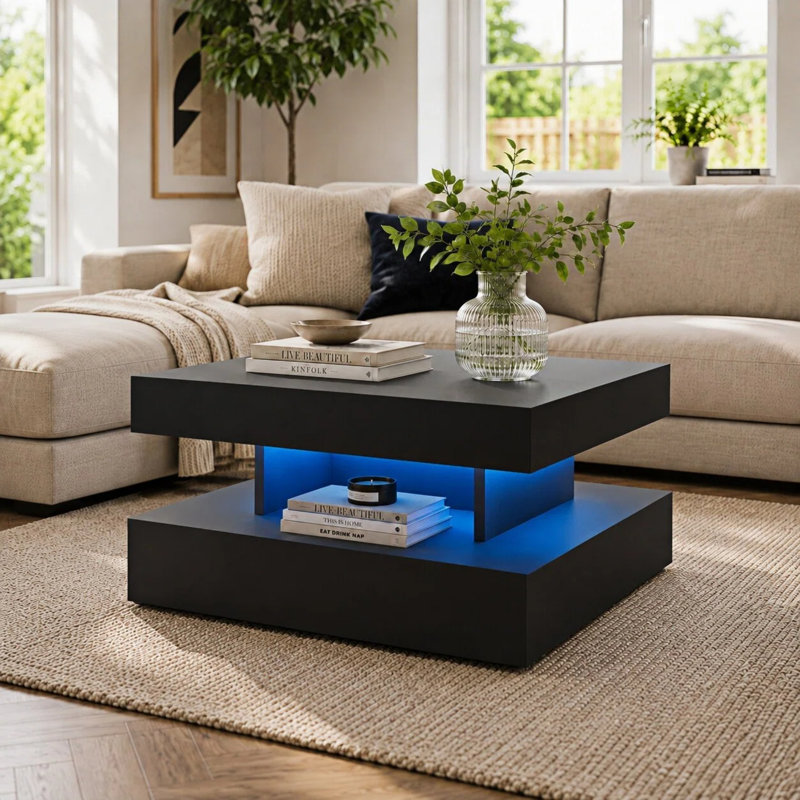 Charvez Modern Square High-Gloss LED Coffee Table with Storage, 40cm H x 78cm W x 78cm D, Matte Black