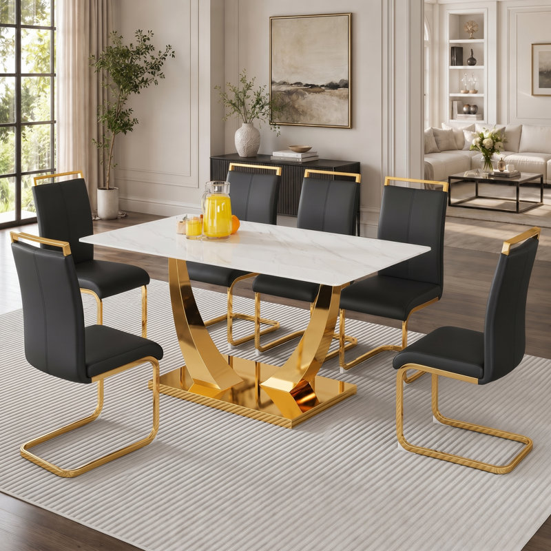 Modern Glam Rectangle Faux Marble 7-Piece Dining Set with Faux Leather Cantilever Chairs, Black, White