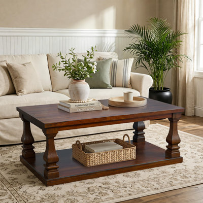 46" Rustic Wood Coffee Table with Storage Shelf, Square 2-Tier Center Table Made with Thick Wood Top and Solid Wood Legs, Walnut Finish