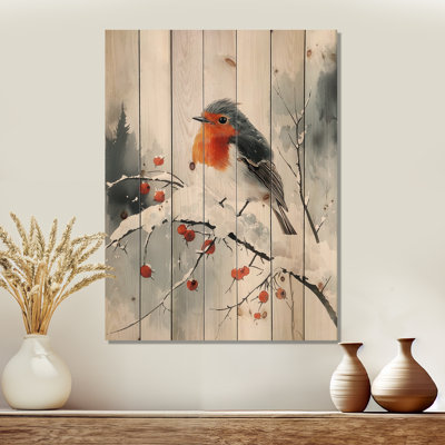 Robin Bird In Winter Snow II - Bird Wood Wall Art - On Natural Pine Wood