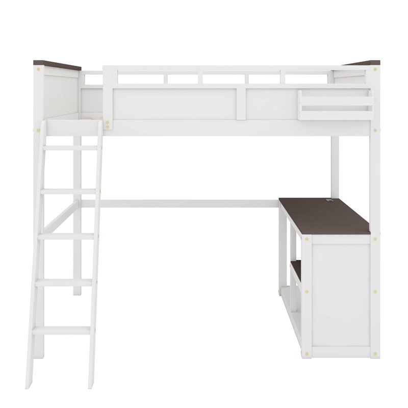 Grand lit mezzanine avec bureau intégré, étagère ouverte et prise USB