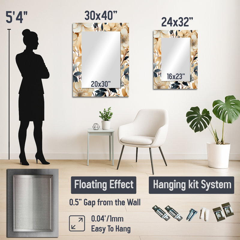 Celeny Mosaic Inspired Floral Serenity - Floral Decorative Mirror, Cottage Wall Mirror, Printed Metal Art, 32" x 24"