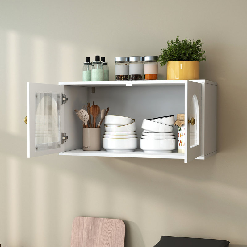Armoire murale, armoire flottante avec porte vitrée, 28,35 po x 13,78 po x 14,17 po, panneau de particules + panneau de fibres à densité moyenne, 1 pièce, armoires, blanc, cette armoire murale est la petite solution de rangement pour