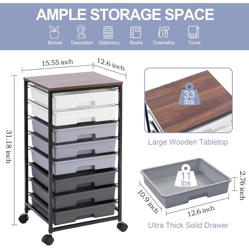 8-Tier Rolling Storage Cart With Drawers, Black