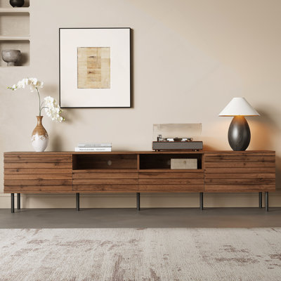 Meuble télé pour téléviseur de 85 po ou moins, meuble télé en bois avec charnières à fermeture douce, pieds en fer pour le salon