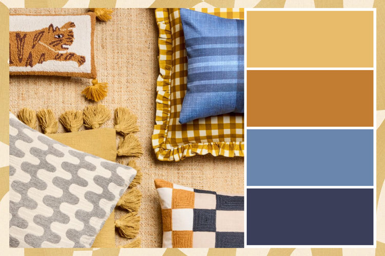 A mustard yellow color palette featuring swatches of warm ochre, slate blue, and deep navy alongside coordinating patterned throw pillows on a jute rug
