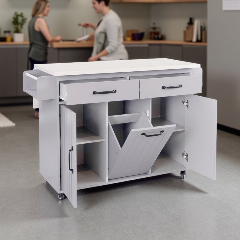 51" Kitchen Island Cart with Drop Leaf, Trash Can Storage Cabinet, Spice Rack & Wheels – Mobile or Stationary, Gray/White
