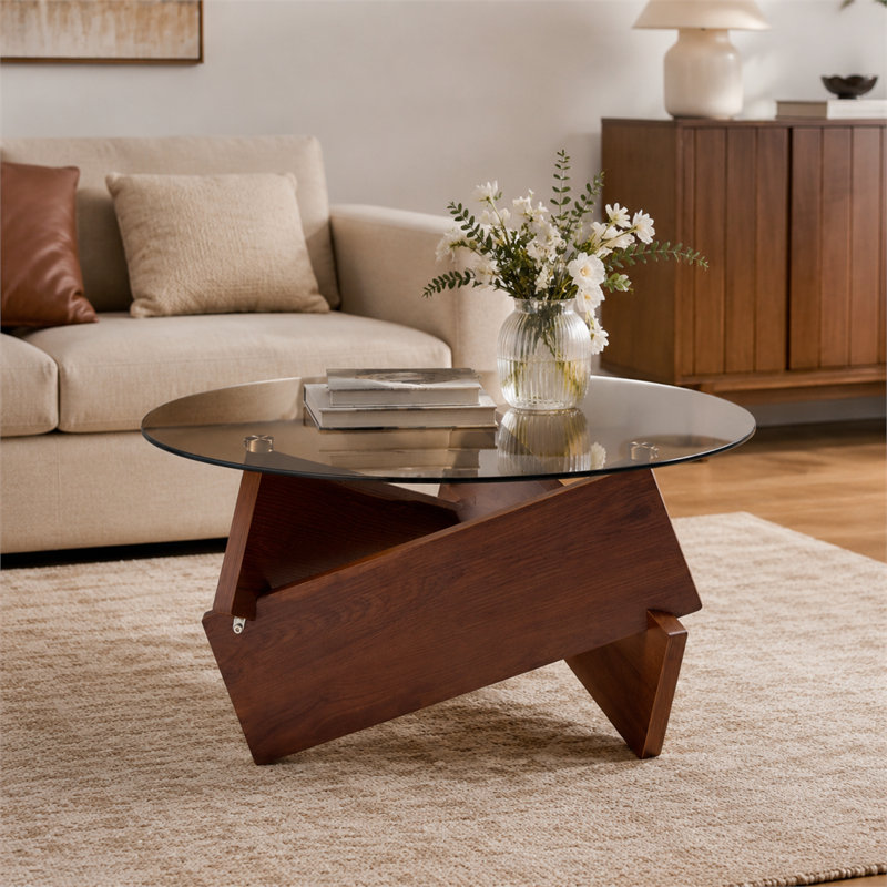 Petite table basse brune ronde en verre trempé avec base en chêne massif
