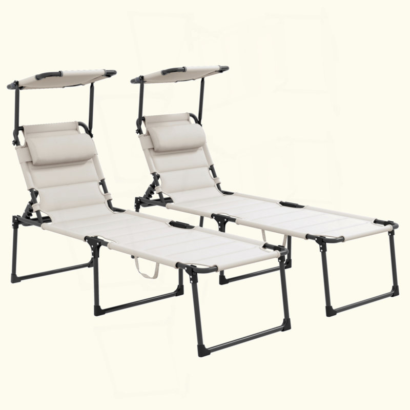 2 Pcs Outdoor Lounge Chair, Adjustable Backrest Folding Chaise Lounge, Cushioned Tanning Chair W/ Sunshade Roof & Pillow Headrest For Beach, Camping, Hiking