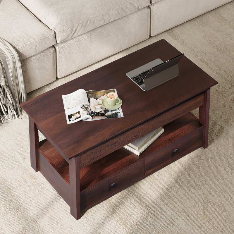 Eoghan Lift Top Coffee Table with Storage, LED Square Coffee Table with Drawers & Hidden Compartment, Modern Coffee Table for Living Room with Adjustable Height