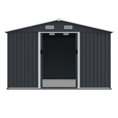 Unité de rangement extérieure en métal 8 po x 10 pi avec portes coulissantes et évent pour la cour, le patio, les meubles de patio, les outils et le jardin gris 8 x 10