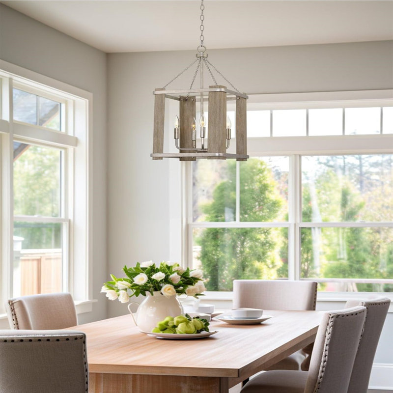 Luminaire suspendu de style campagne 28 lumières à 4 lumières, chêne blanchi + finition en acier galvanisé