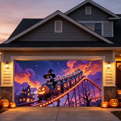 Housse de porte de garage d'Halloween de 2,13 m x 4,88 m avec motif de montagnes russes citrouilles.