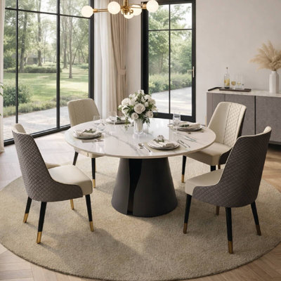 51" Vera Modern Round Dining Table, Sintered Stone Tabletop With Carbon Steel Pedestal Base for Kitchen