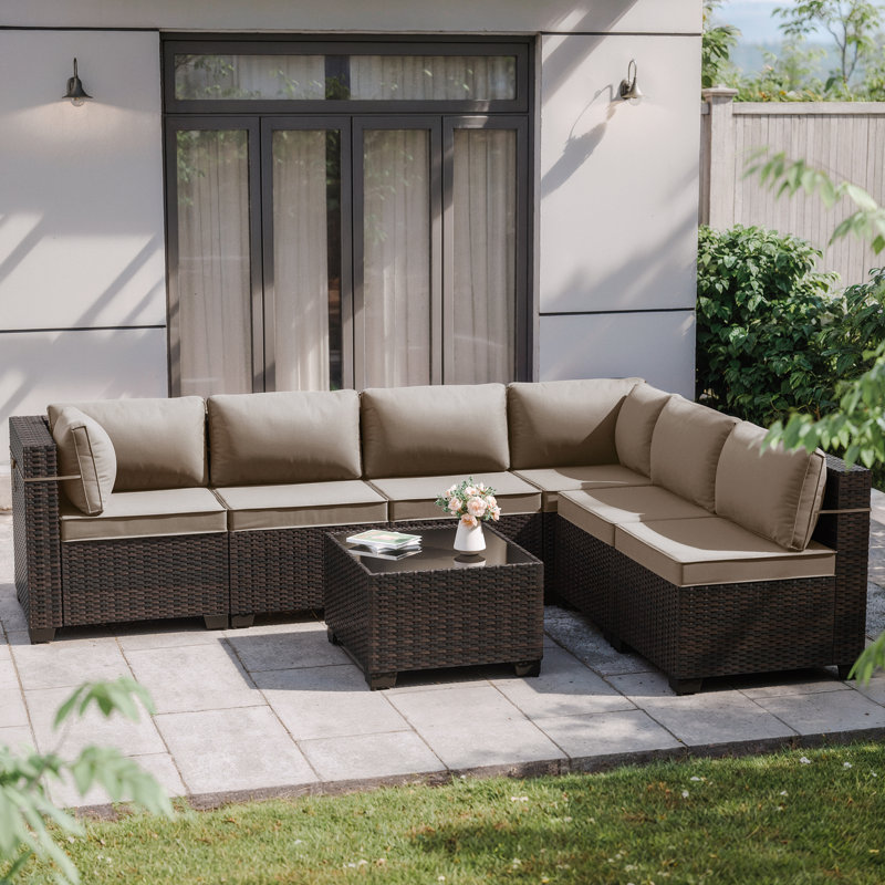 7-Piece L-Shaped All-Weather Wicker Sectional Sofa with Cushion, Sand