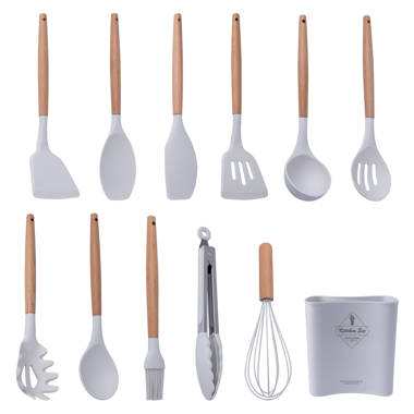 9 Piece Black Colored Silicone Kitchen Utensils Set with Wooden Handles by Elyon Tableware
