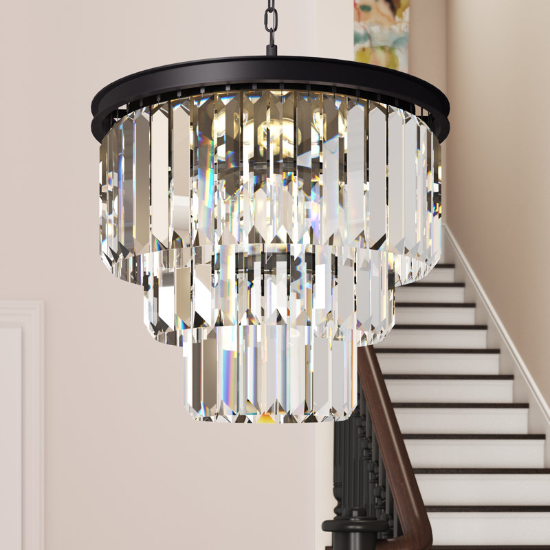 Lustre à niveaux unique 9 lumières Yazmin, Transparent, Noir mat
