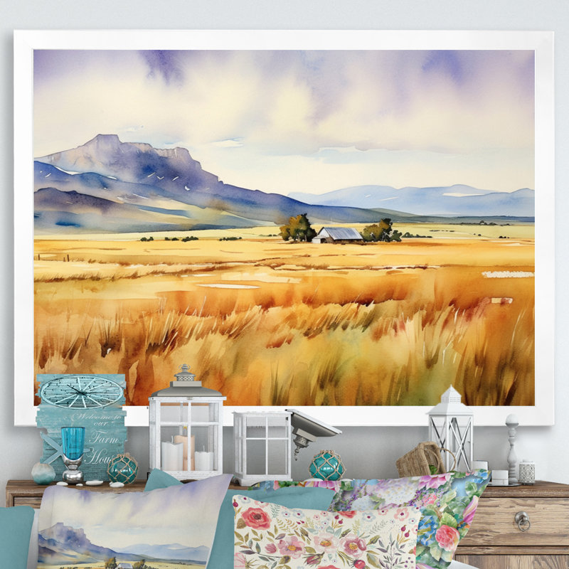Wyoming, prairies jaunes - art mural Wyoming, Cadre simple blanc, H 34 po x l 44 po x P 1,5 po