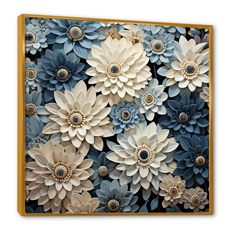 «Zinnias Bounty» blanc et bleu sur toile, Cadre flottant doré, H 24 po x l 24 po x P 1 po