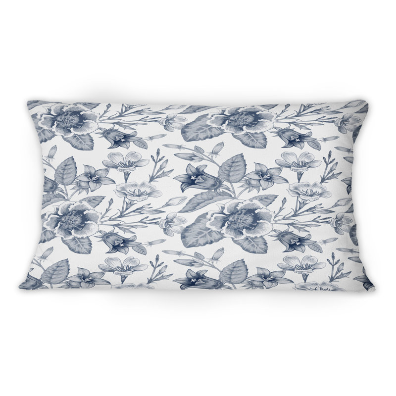 Coussin décoratif blanc à motif de fleurs blanches et nuances de gris