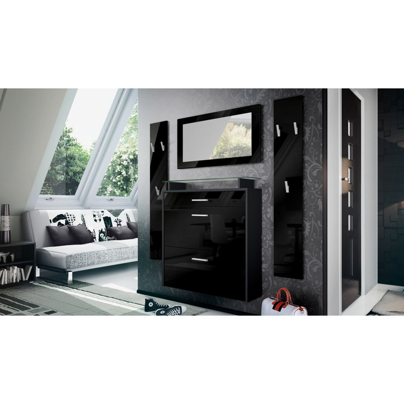 Mccarroll Hall Tree with Shoe Storage, Glossy black/Matt black