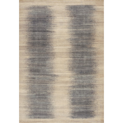 Tapis ivoire / gris noué à la main de conception unique 9 pi 9 po x 14 pi 1 po Horizon