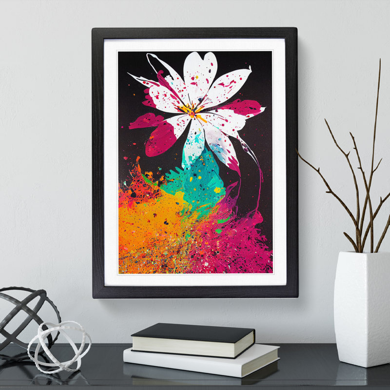 Paint Splat Flowers No.1 Abstract - Single Picture Frame Print, 64cm H x 46cm W x 2cm D, Black Framed