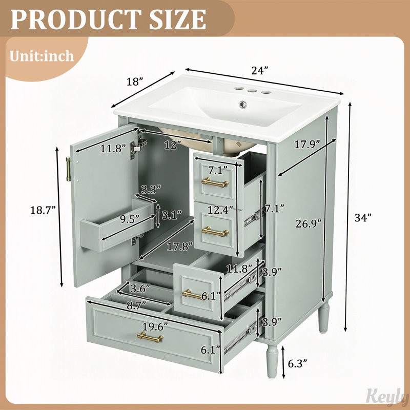 Meuble-lavabo moderne de 61 cm avec lavabo en céramique, Vert