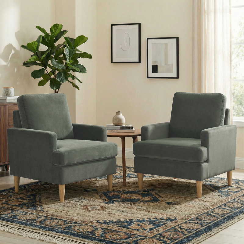 Accent Chair With Solid Wood Legs, Green Chenille