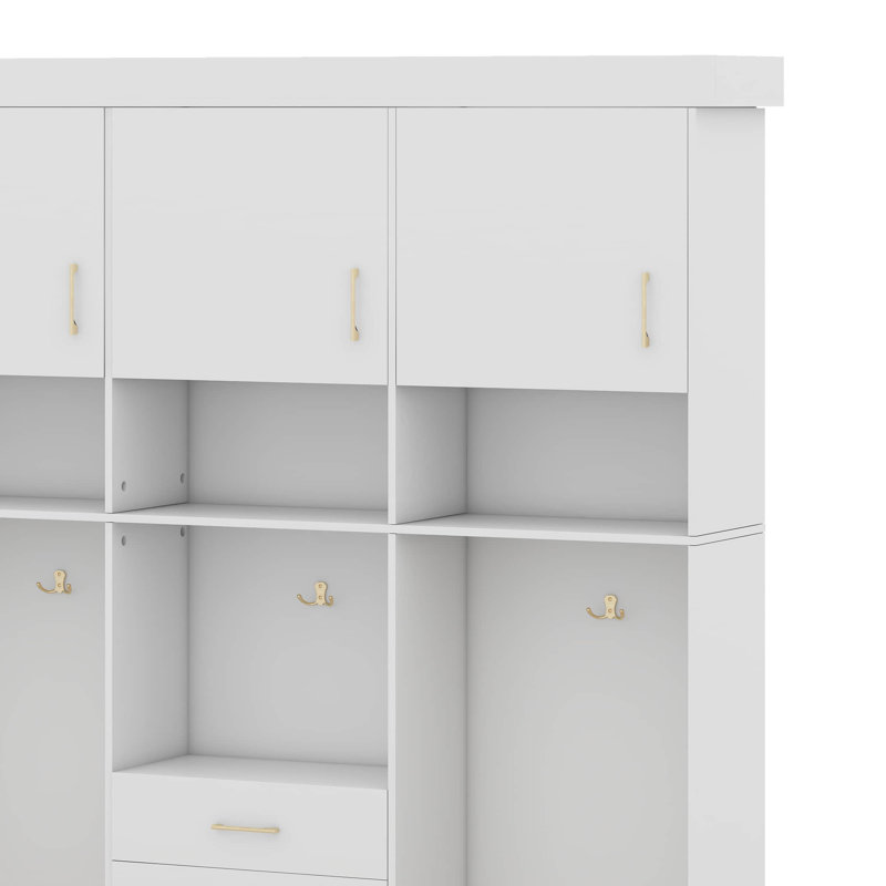 Entryway Hall Tree With Bench And Storage, 5-In-1 Modern Hall Tree With Coat Rack, 6 Drawers, 3 Cabinets And 3-Tier Top Storage