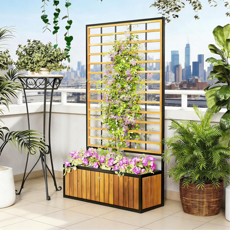 Lit de jardin surélevé en bois avec treillis, Teck