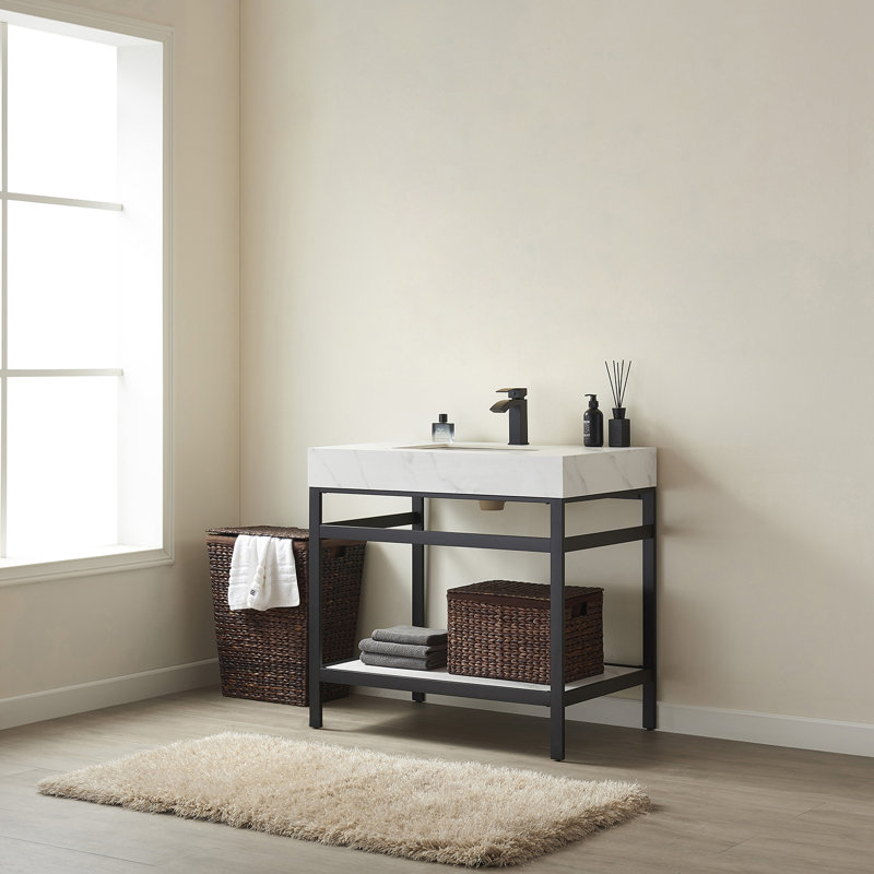 36'' Single Bathroom Vanity with Stone Top with Mirror, Limestone Slab Stone, Matte Black, Matte Black