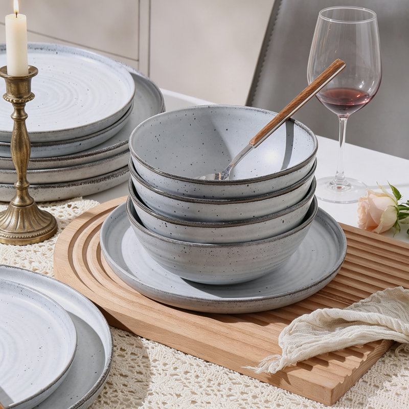  12 Piece Stoneware Dinnerware Set - Service For 4, Gray