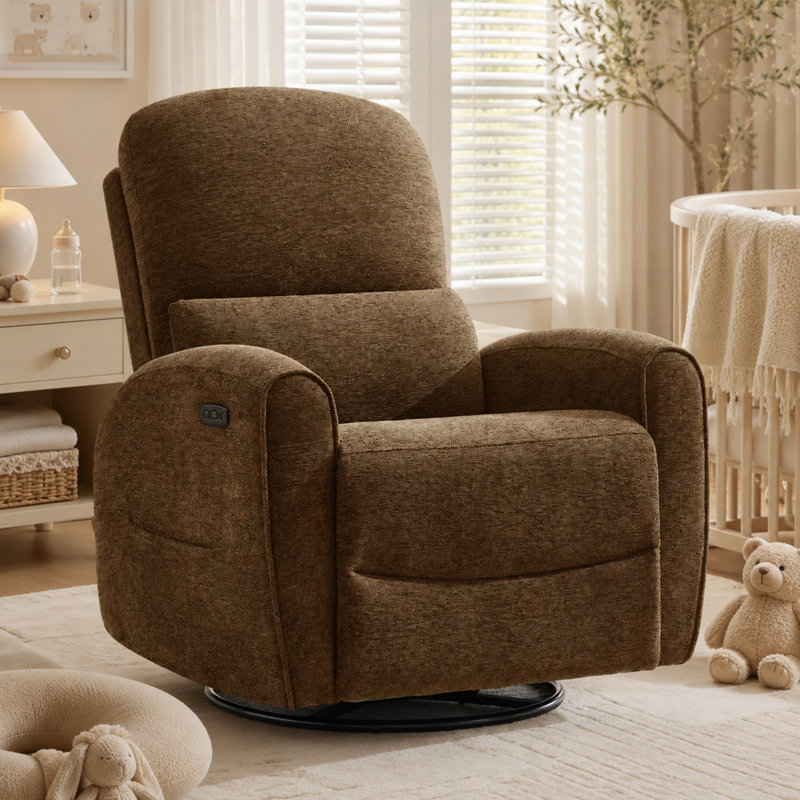  Modern Chenille Power Swivel Rocker Glider Nursery Recliner with Lumbar Support,Round Armrest and Double Pocket,USB and Type-C