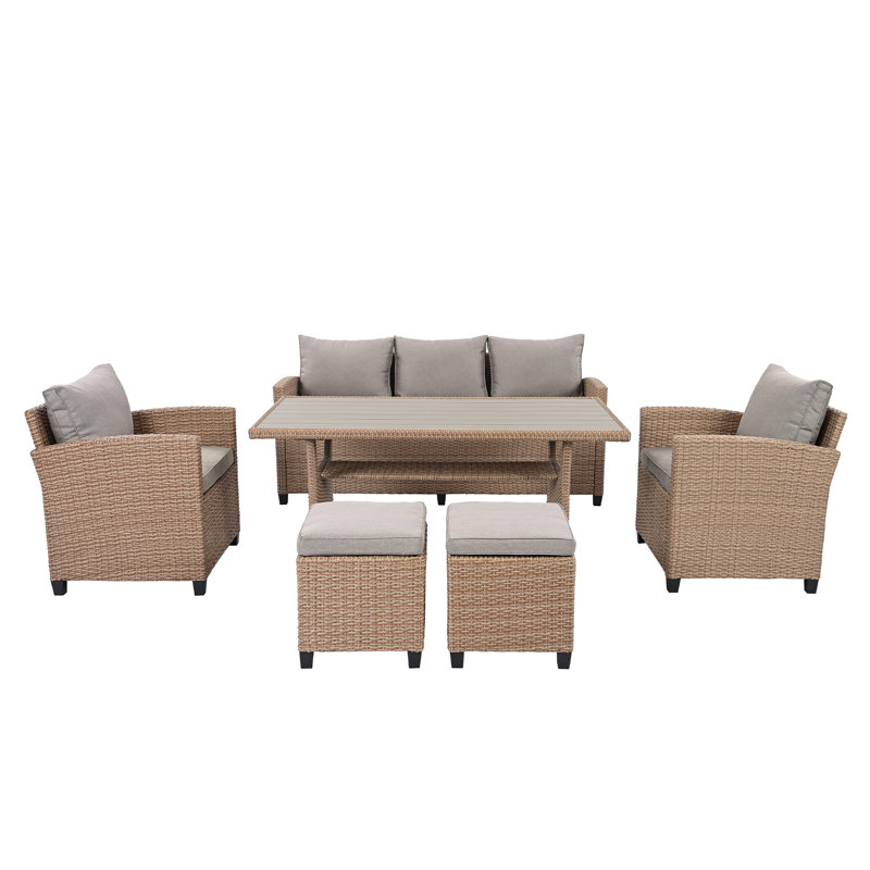Ensemble de jardin en rotin 6 pièces avec canapé, chaise, tabourets et table , Brun, Brun