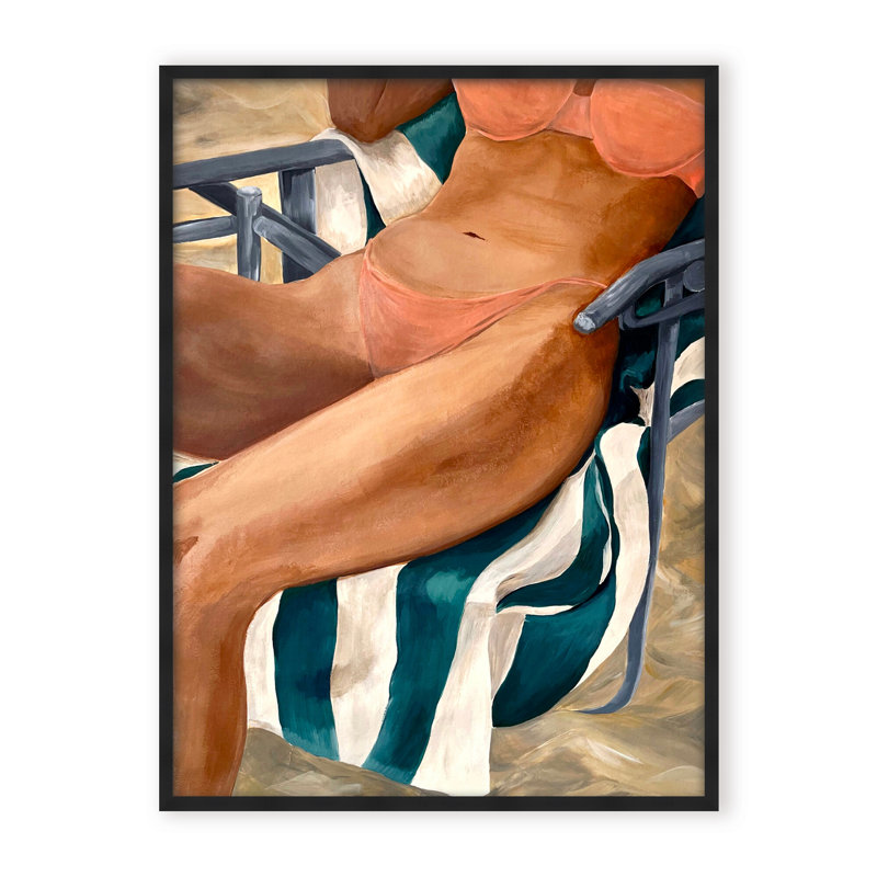 Coastal Retreat Riviera Retreat: Woman Lounging On Beach Towel And Chair, 24" H x 16" W x 1.125" D, White