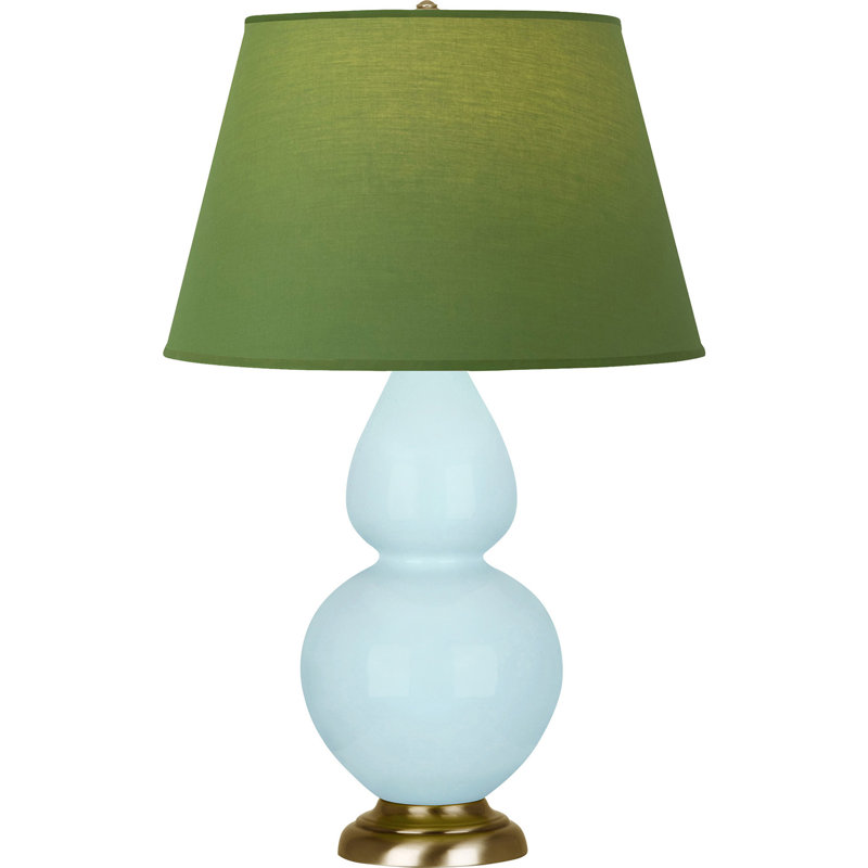Lampe de table double gourde en céramique, Thé vert / taupe, Bleu bébé verni / laiton, Laiton