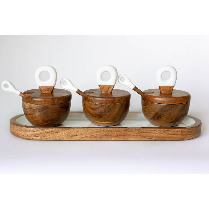  3 bols en bois d'acacia avec ustensiles Charcuterie Wood + White Collection